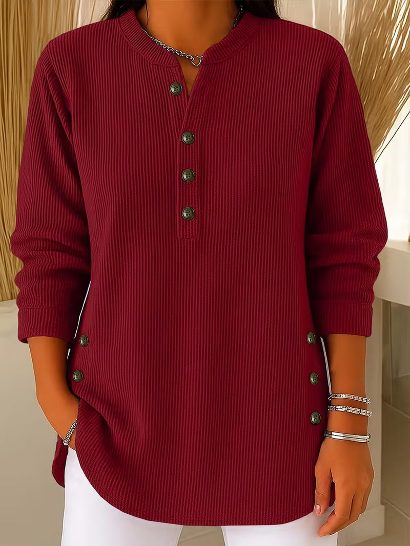 Womens Solid-color Corduroy Casual V-neck Long-sleeve Top With Buttons by Ricaloux