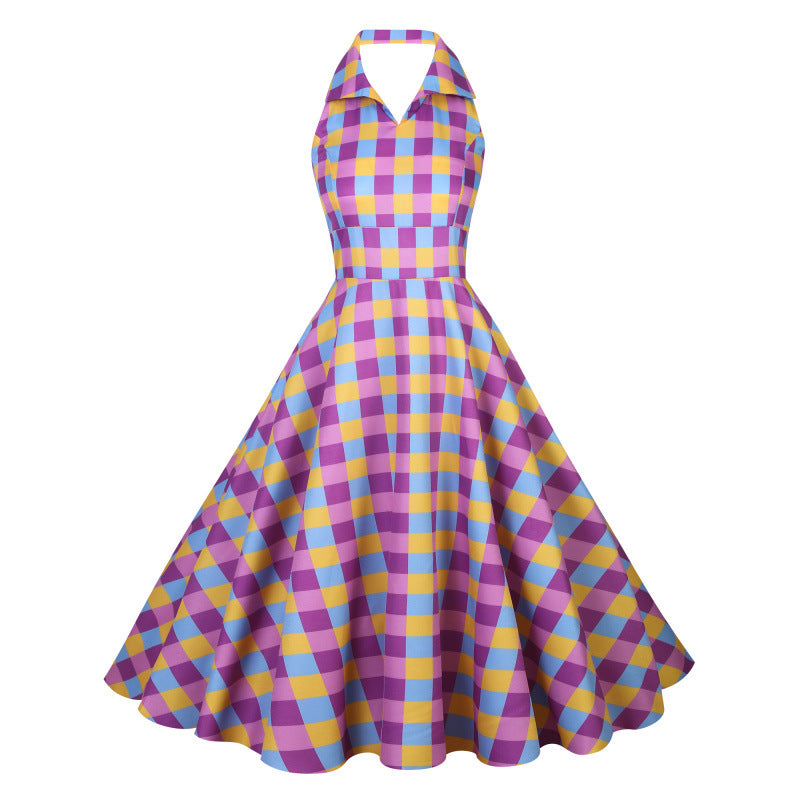 British-style Halter-neck Notched-colla Flared Maxi Dress by Ricaloux