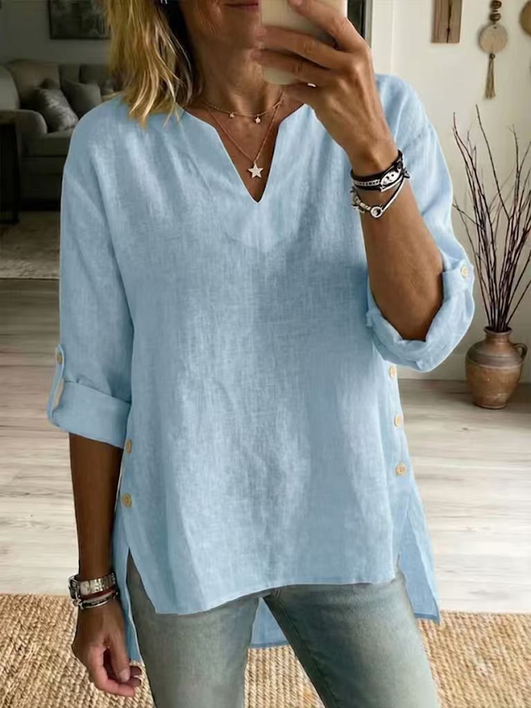 Loose Casual V-neck Three-quarter-sleeve T-shirt For Women – Premium 0 | RICALOUX