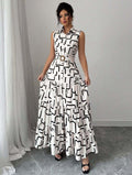 Printed-button Sleeveless Lace-up Shirt-collar Dress by Ricaloux