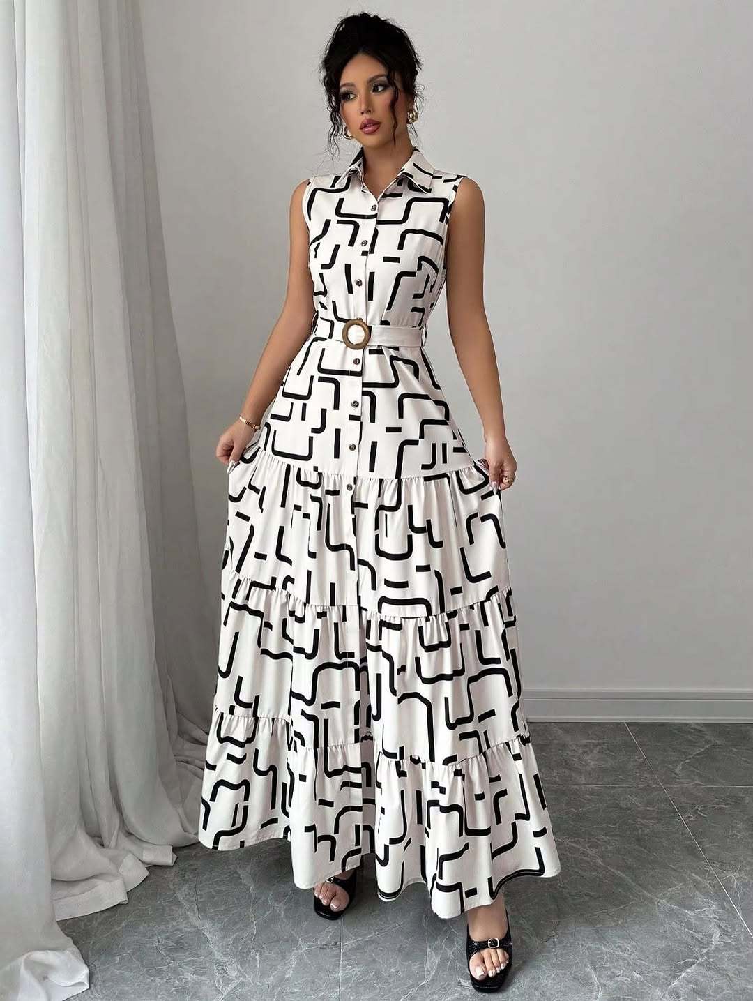 Printed-button Sleeveless Lace-up Shirt-collar Dress by Ricaloux