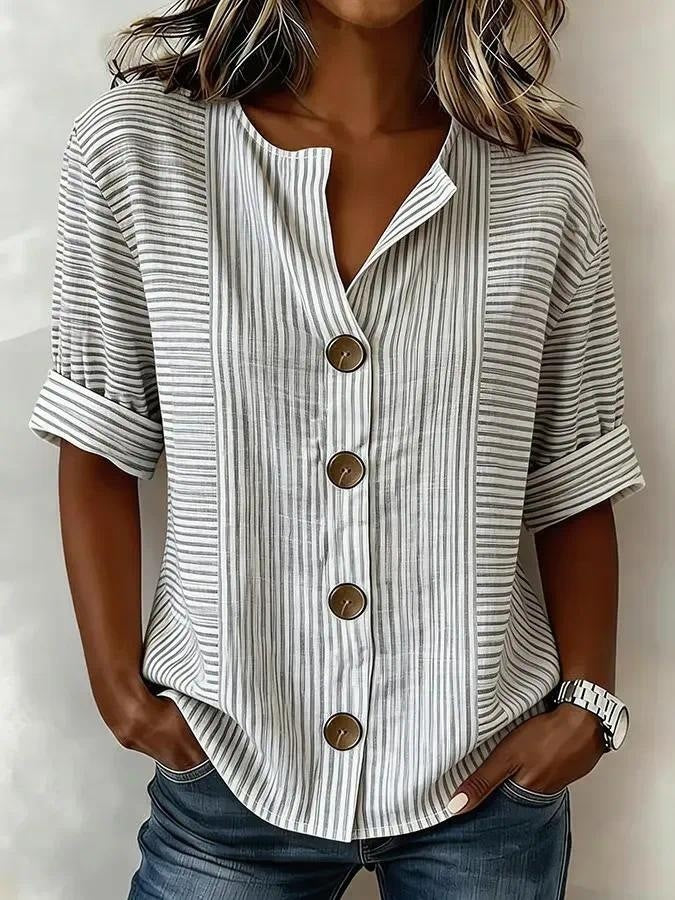 Lantern-sleeve Printed Button-up Womens Blouse by Ricaloux