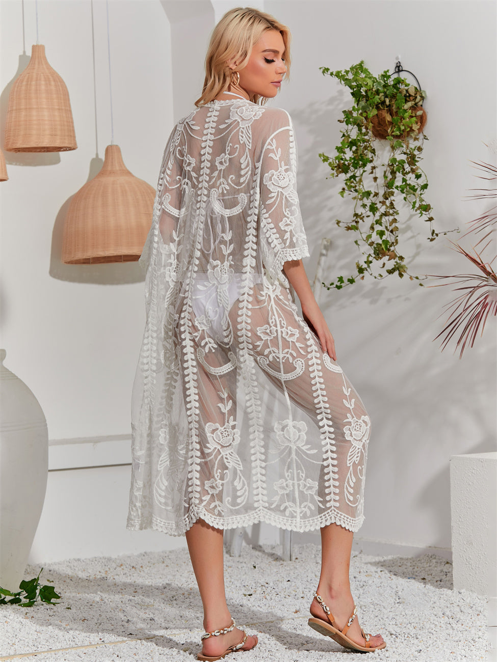 Floral Embroidered Lace Beach Cover Up, Open Front Sun Protection Cardigan, Bikini Outerwear – Premium 4 | RICALOUX