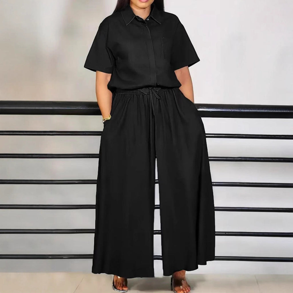 Womens Fashionable Loose Casual Solid-Color Two-Piece Set Short-Sleeve Top And Wide-Leg Long Pants by Ricaloux