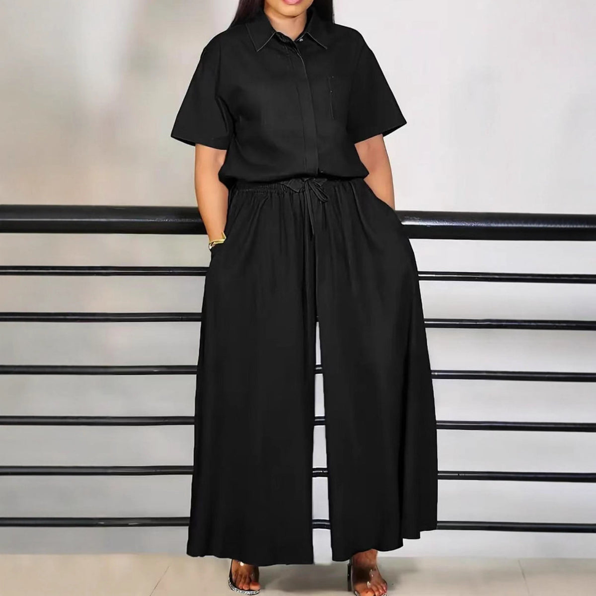 Womens Fashionable Loose Casual Solid-Color Two-Piece Set Short-Sleeve Top And Wide-Leg Long Pants by Ricaloux