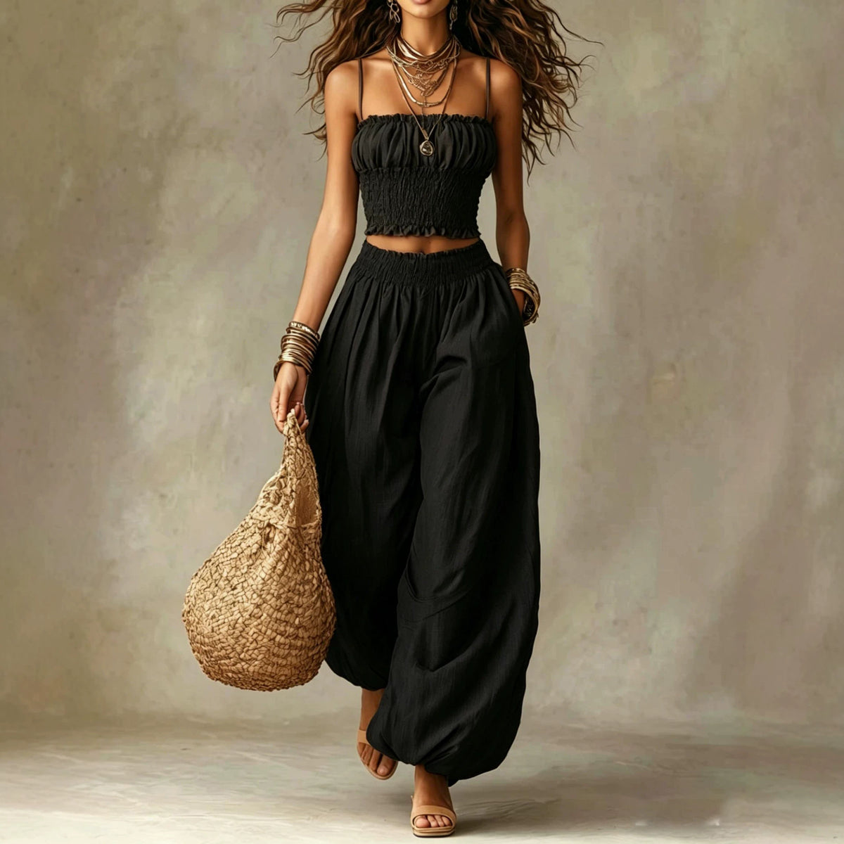 Elegant Strapless Cropped Camisole Paired With Lantern Pants Set by Ricaloux