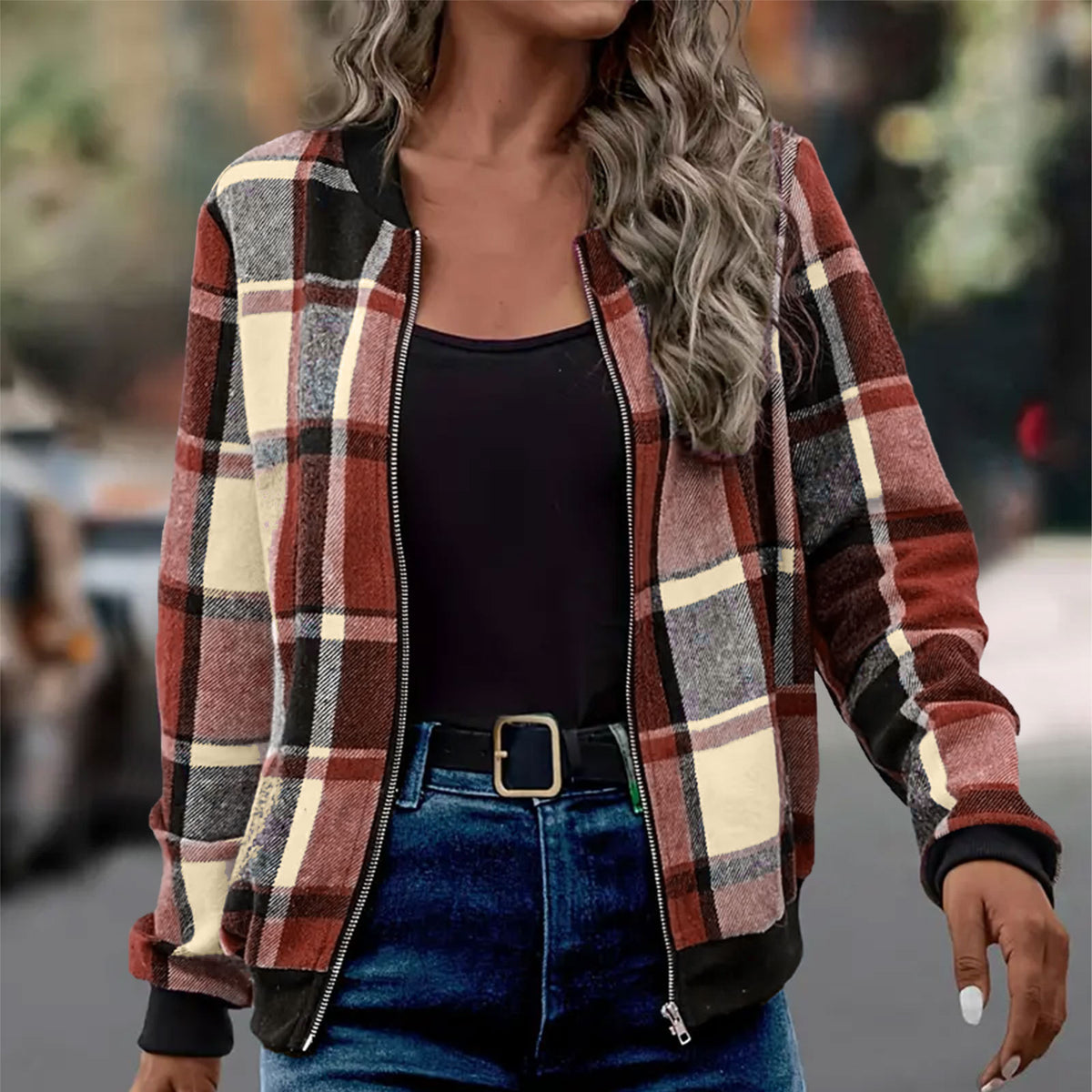 Womens Plaid Printed Long-Sleeve Zip-Up Jacket – Premium 0 | RICALOUX