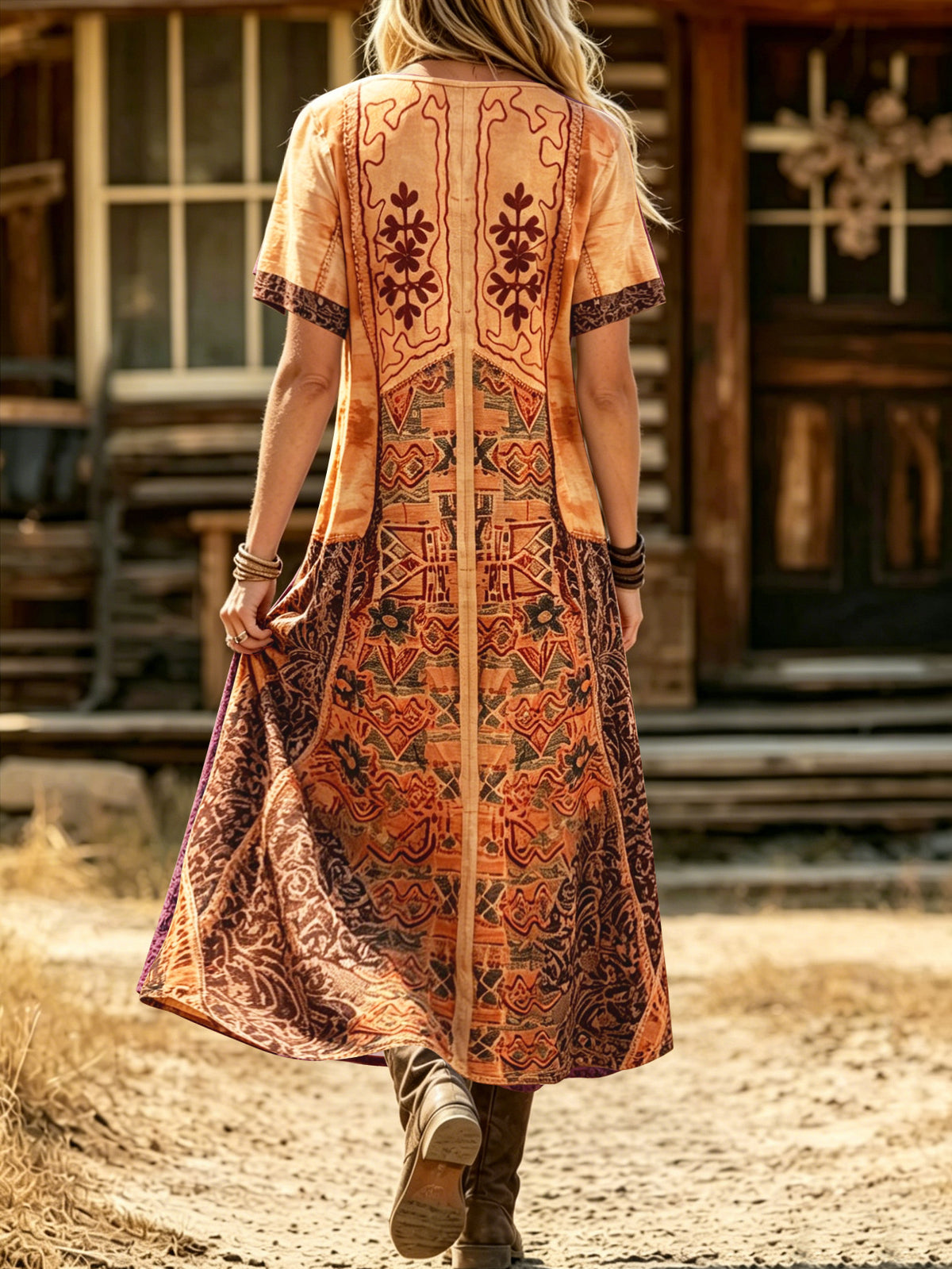 Women's V-Neck Short Sleeve Bohemian Embroidered Print Maxi Dress Casual Loose Button Front Long Dress For Vacation – Premium 4 | RICALOUX