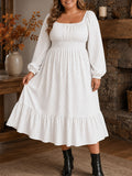 Polka-dot Plus-size Womens Dress Puff-sleeve Boat-neck Dress For Curvy Figures by Ricaloux