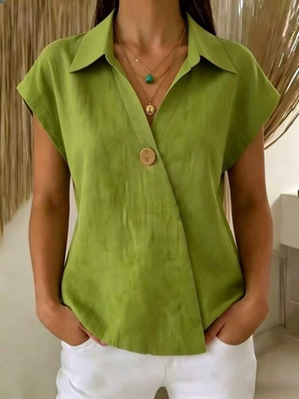 Loose-fitting Casual Lapel-button Top by Ricaloux
