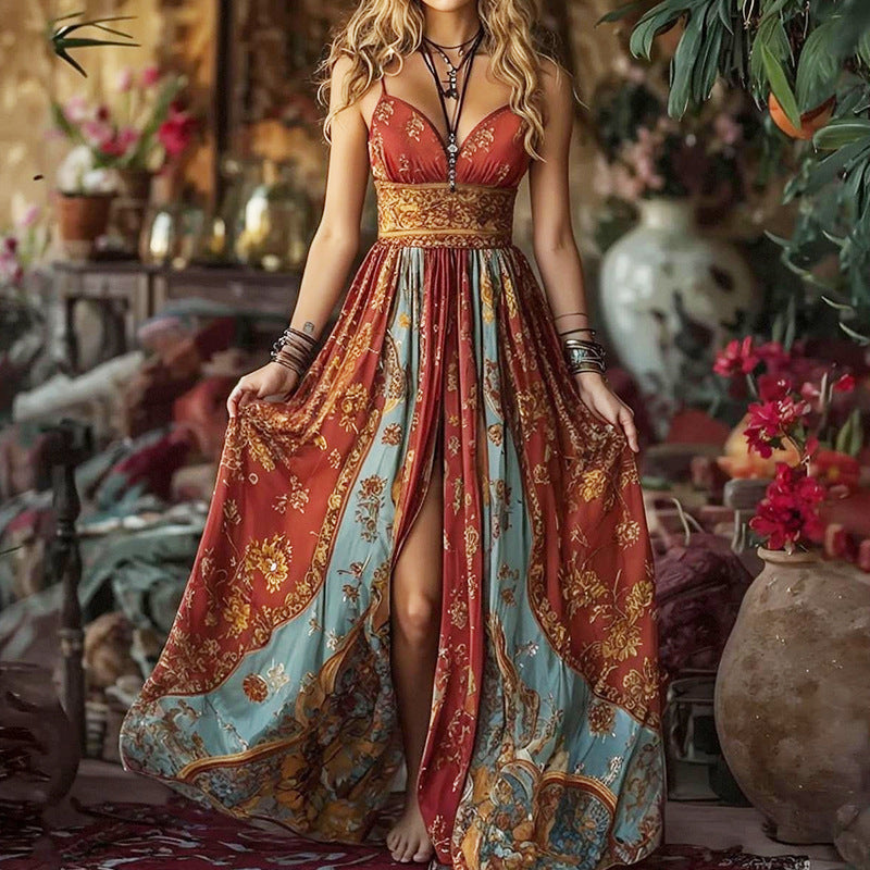 Tube Top Backless Suspender Vintage Printed Long Dress by Ricaloux