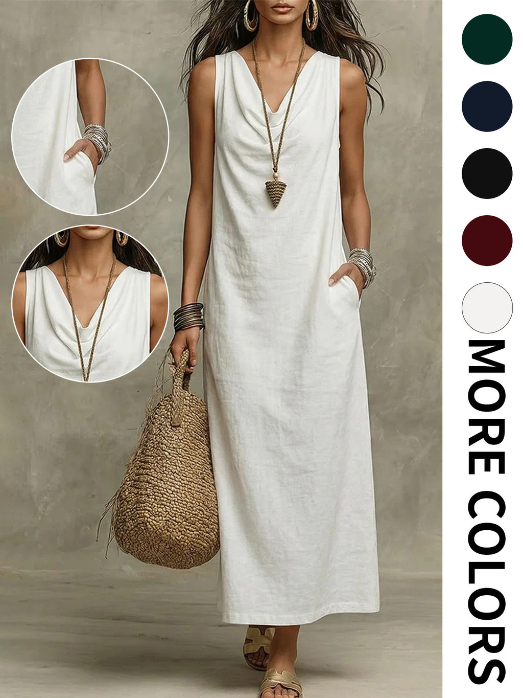 Women's Sleeveless Cowl Neck Maxi Dress With Pockets - Casual Loose Vacation Dress, Multiple Colors Available by Ricaloux