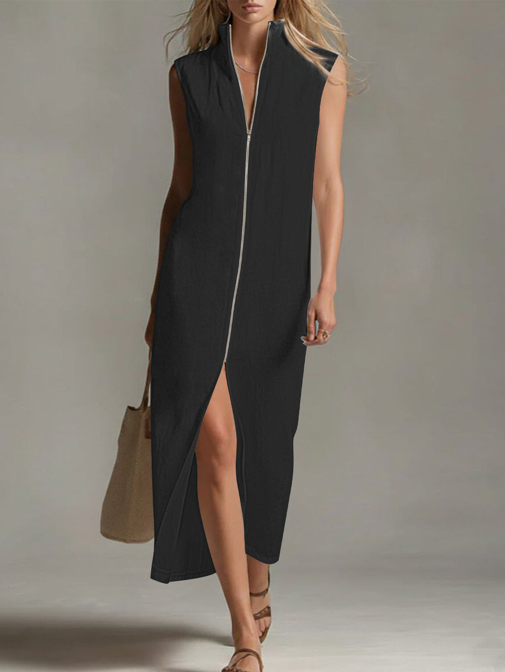 Women's Sleeveless Zip Front Maxi Dress Stand Collar Split Hem Casual Long Dress For Summer by Ricaloux