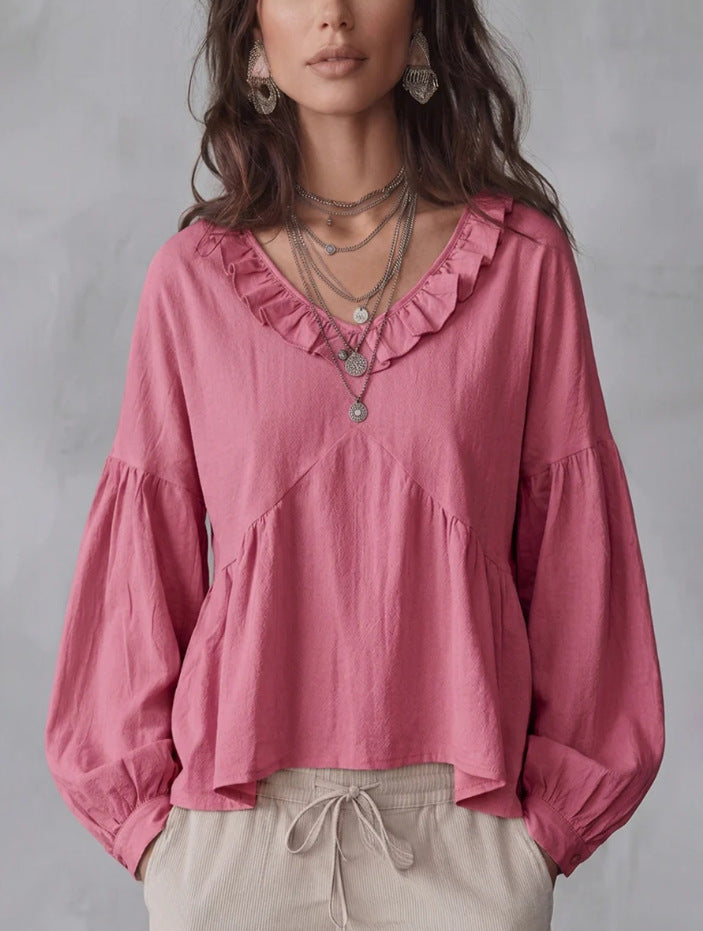 Vintage Lace-trimmed V-neck Long-sleeve Blouse – Premium 0 | RICALOUX