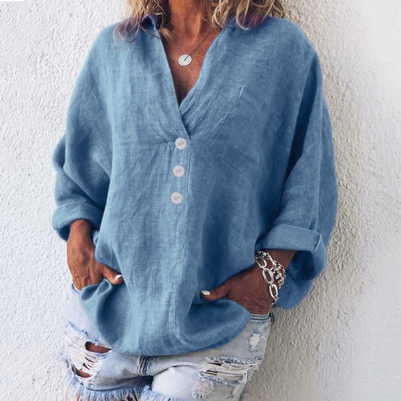 Women's Large Size Solid Color Imitation Cotton And Linen V-neck Long-sleeved Pullover Top - RICALOUX
