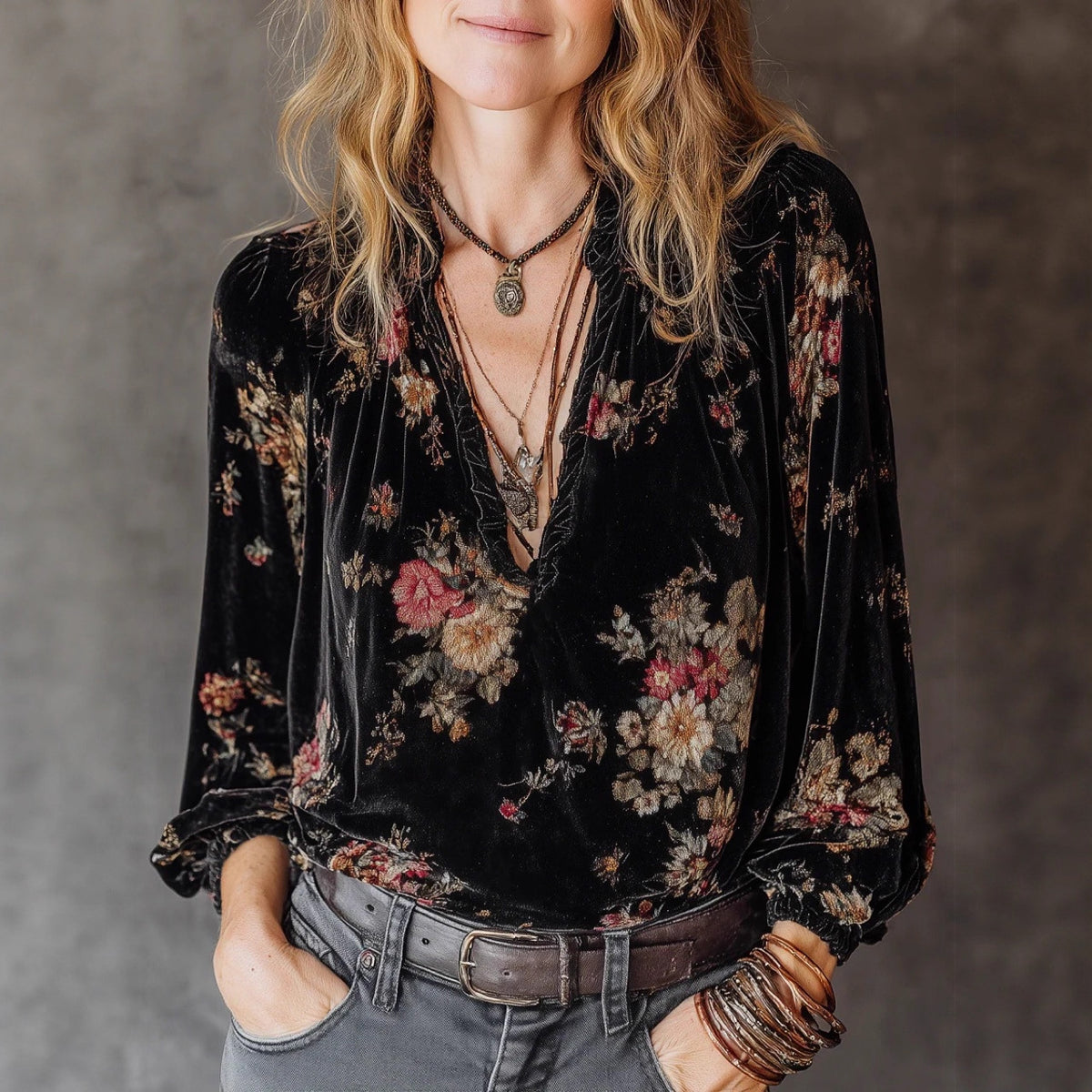 Womens Loose-fitting Long-sleeve Gold Velvet Top by Ricaloux