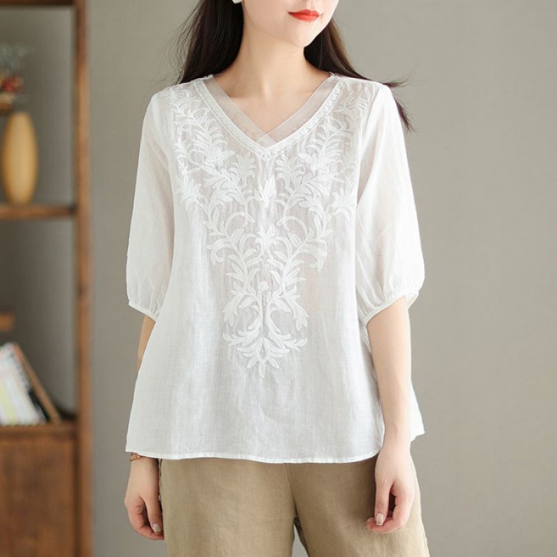 Embroidered Casual Versatile Lightweight High-end Cotton-linen Shirt by Ricaloux