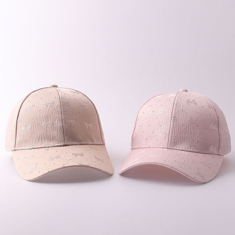 Korean-style Soft Style Bow Tie Rhinestone Baseball Cap With Textured Pleats And Breathable Brim Outdoor Versatile Hat For Outings With A Curved Brim by Ricaloux