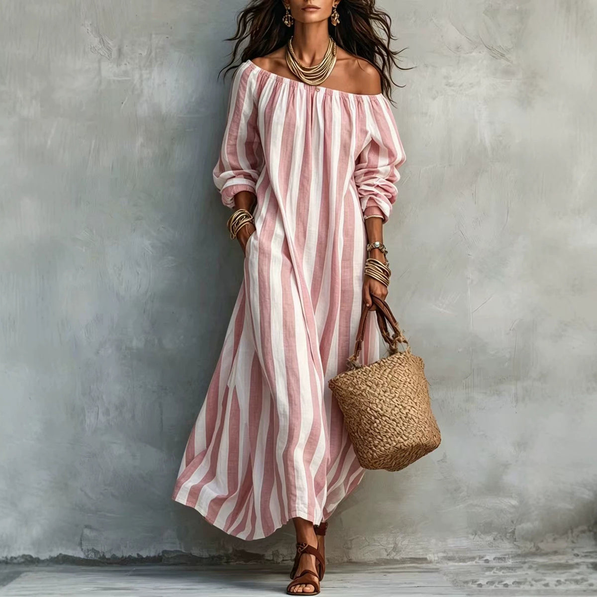 Striped Off Shoulder Vacation Dress by Ricaloux