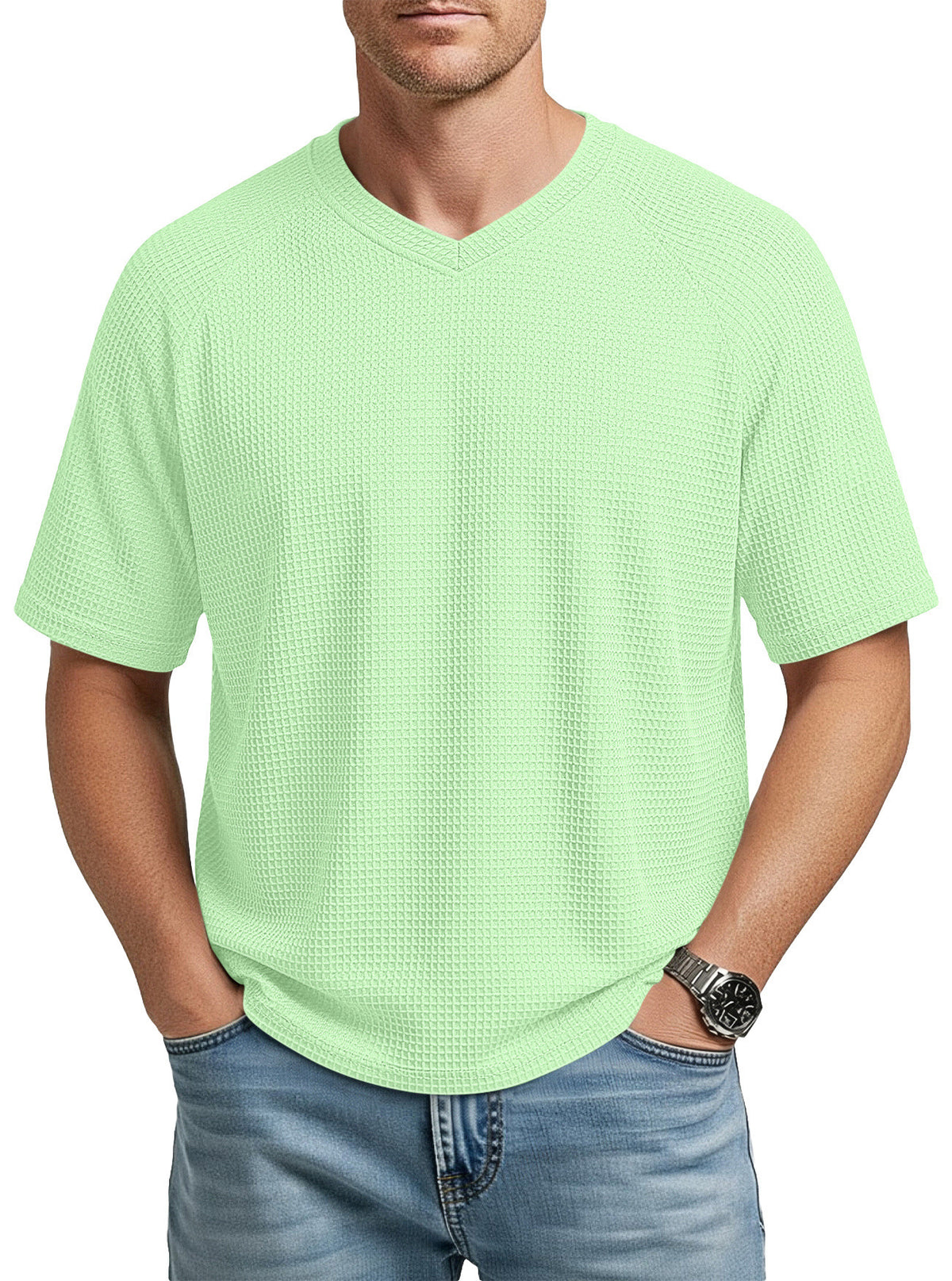 Mens V-neck Raglan Waffle-Knit Short-Sleeve Knit T-Shirt – Premium 0 | RICALOUX