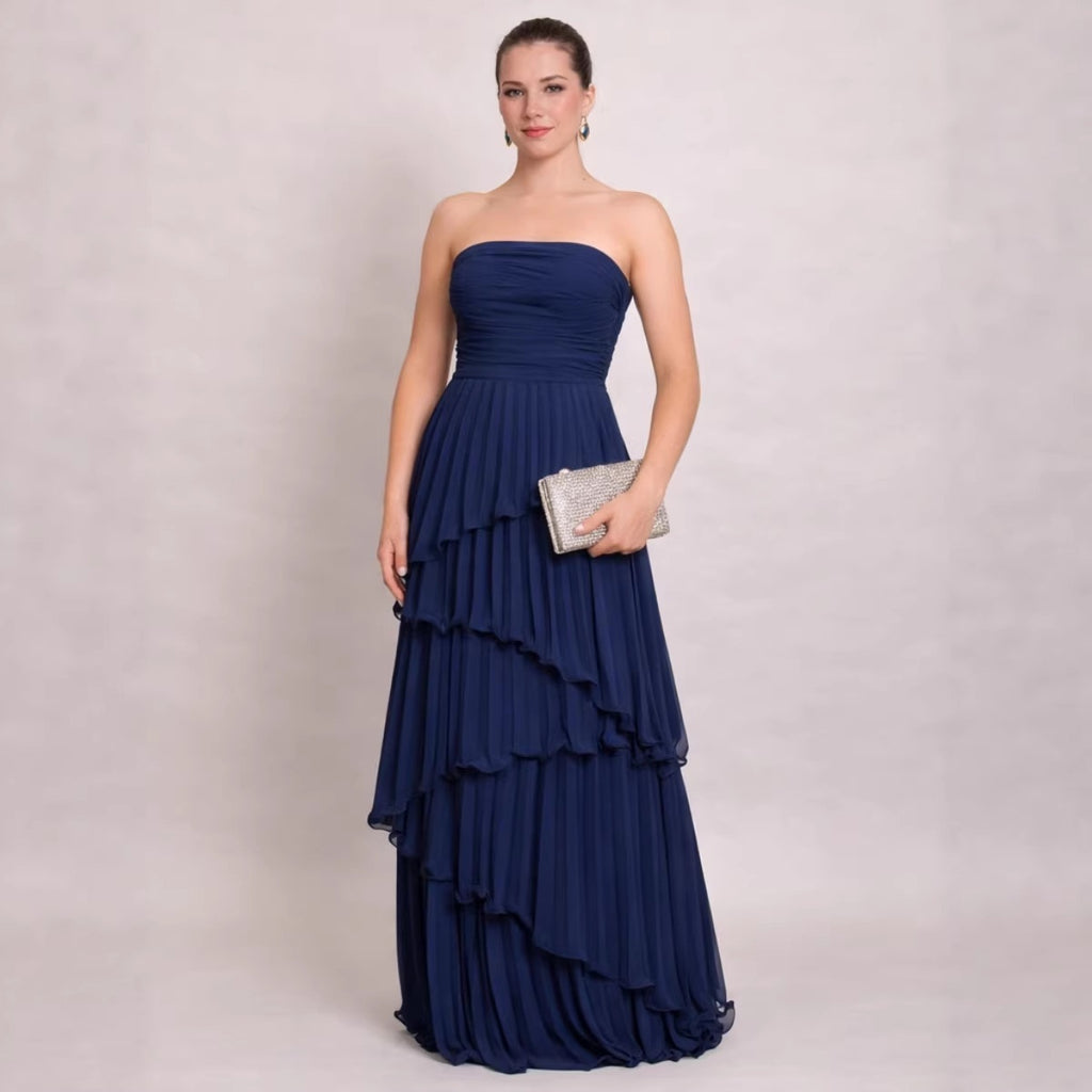 Solid-color Strapless Waist-cinching Tiered Pleated Dress by Ricaloux