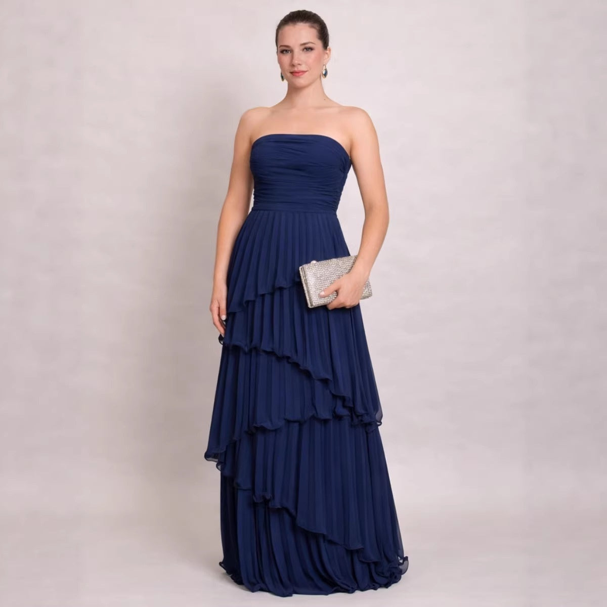 Solid-color Strapless Waist-cinching Tiered Pleated Dress by Ricaloux