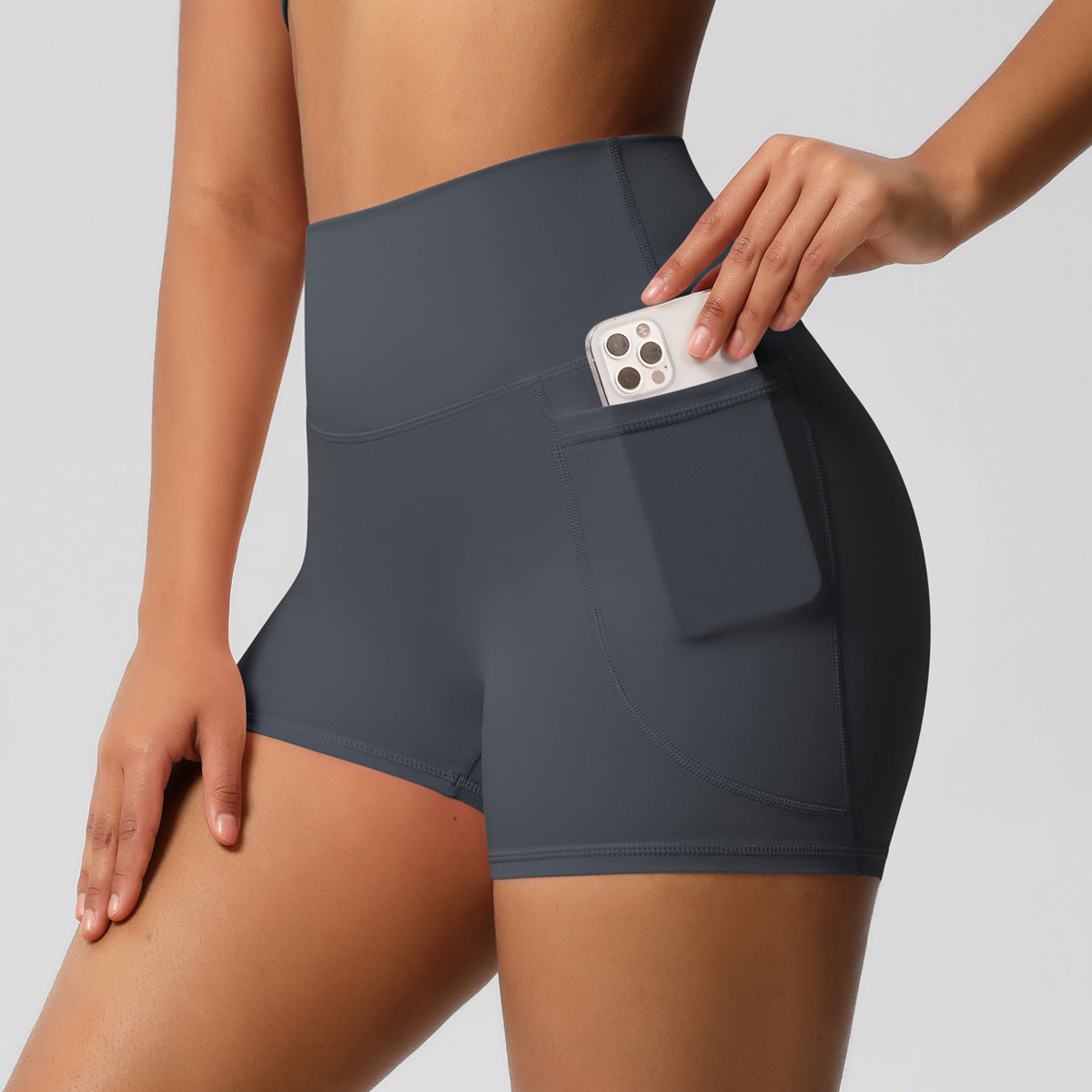 Brushed Solid Color Pocket High Waist Tight High Elastic Yoga Shorts by Ricaloux