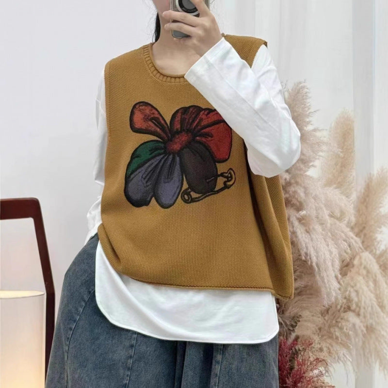 Womens Floral-Print Crew-Neck Loose-Fit Vintage Knitted Vest – Premium 0 | RICALOUX
