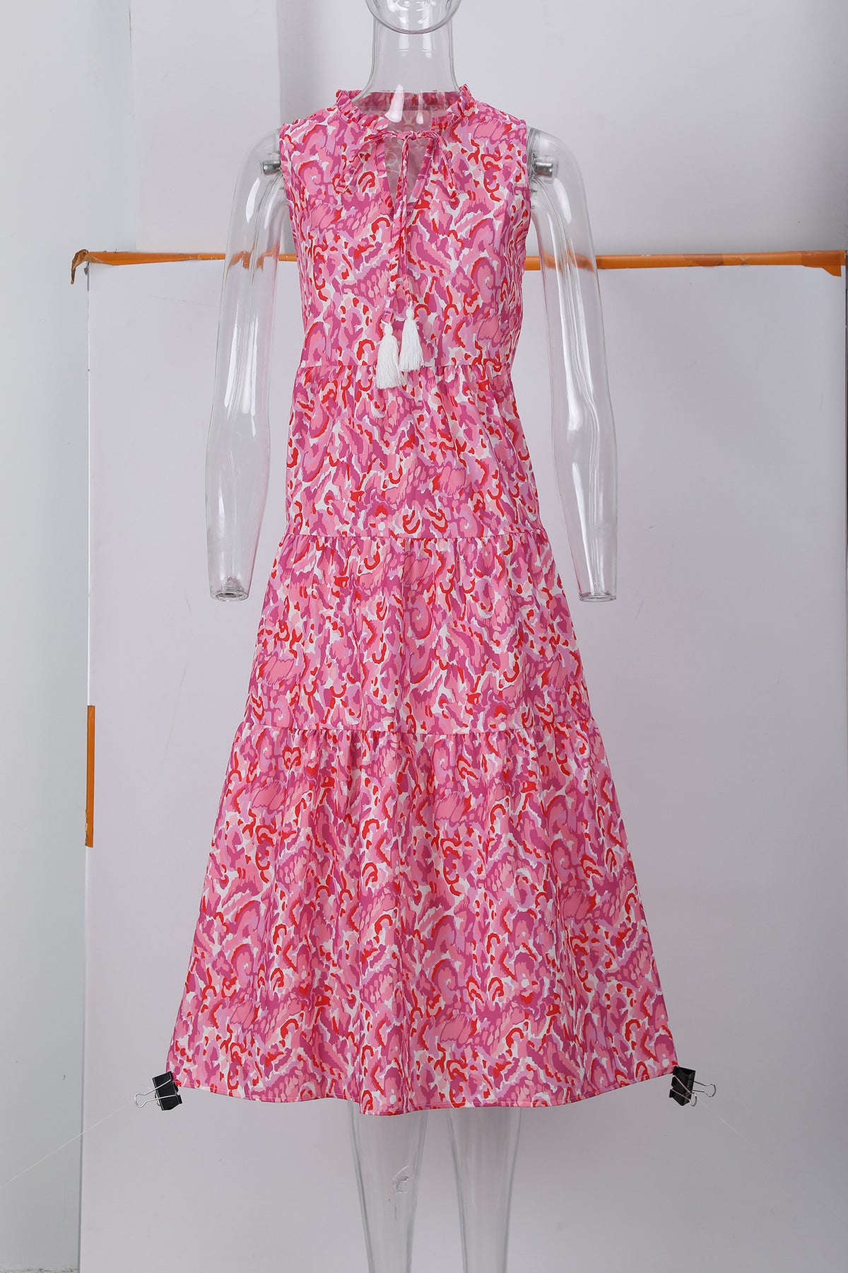 Sleeveless V-neck Tassel Abstract-print Dress by Ricaloux