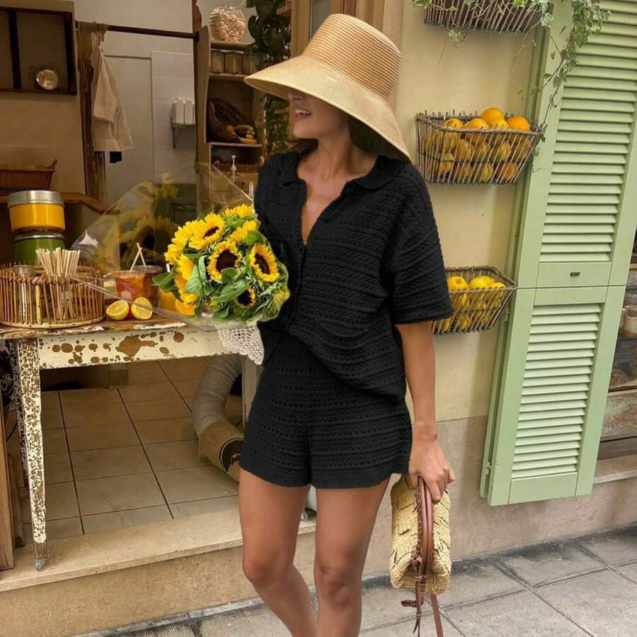 Short-sleeved Solid-color Knitted Cardigan And Shorts 2-piece Set by Ricaloux