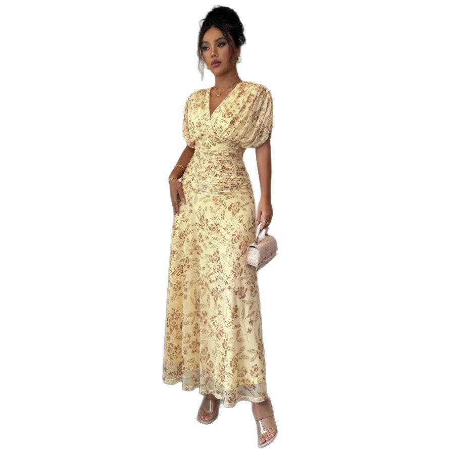 Womens Casual Floral-print V-neck Puff-sleeve Dress by Ricaloux
