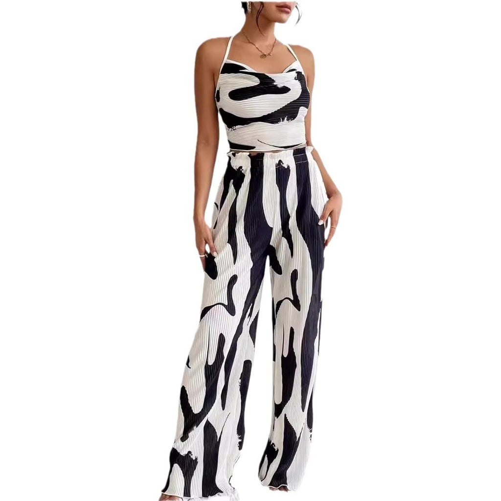 Large-Check Print Halterneck Wide-Leg Pants Casual Set by Ricaloux