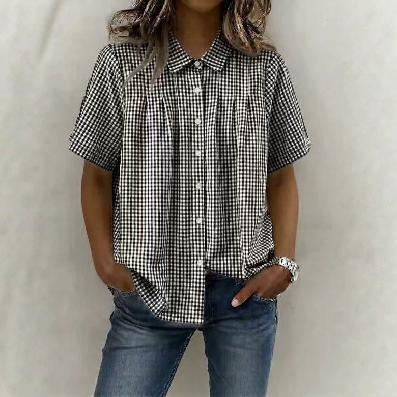 Womens Relaxed-fit Casual Lapel-neck Plaid Short-sleeve Shirt by Ricaloux