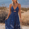 Bohemian-style Flowing Deep-blue Chiffon Maxi Dress With A V-neck And Floral Print by Ricaloux