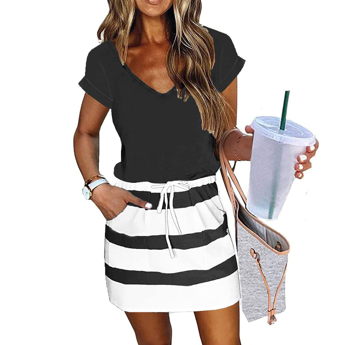 V-neck Short-sleeved Pullover Dress With Drawstring Elastic Waist And Pockets by Ricaloux