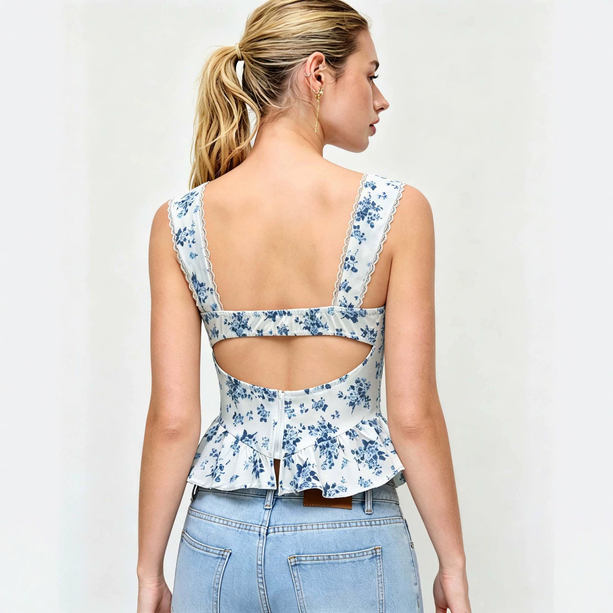 Summer New White-base Top With Blue Floral Print Strapless Style by Ricaloux