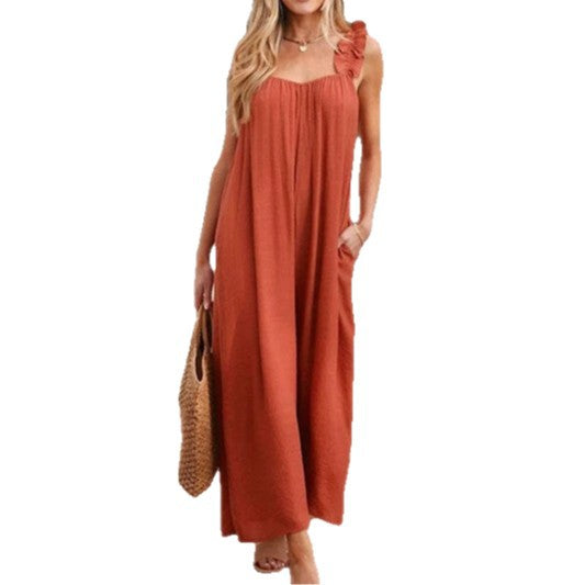 Casual Resort Wide-leg Pants With Straps Ruffled Edges And Pockets by Ricaloux
