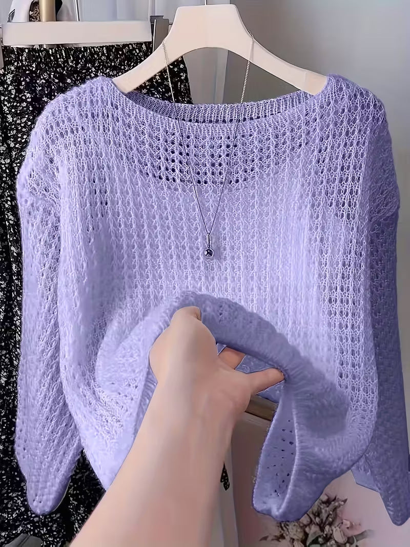 Womens Solid-color Versatile Breathable Hollow-out Top by Ricaloux