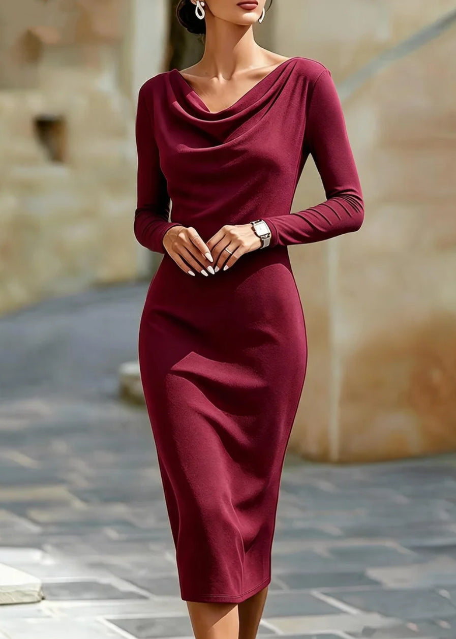 Boat Neck Long Sleeves Figure-hugging Hip-skimming Midi Dress For Women by Ricaloux