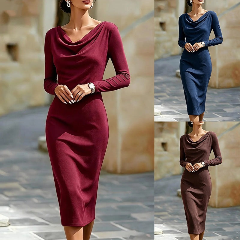 Boat Neck Long Sleeves Figure-hugging Hip-skimming Midi Dress For Women by Ricaloux