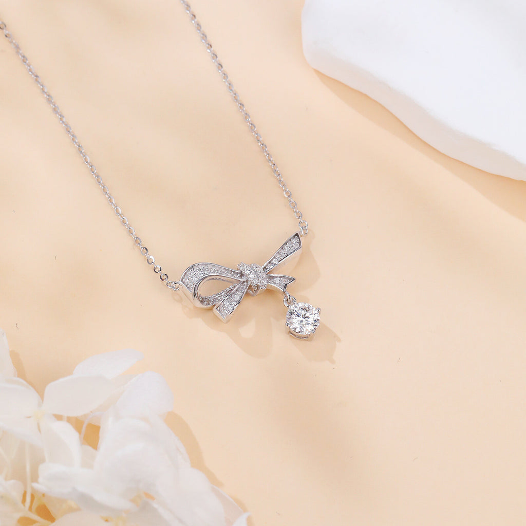 925 Sterling Silver Elegant Silver Bow Necklace With Dangling Moissanite Pendant Sparkling Charm - RICALOUX