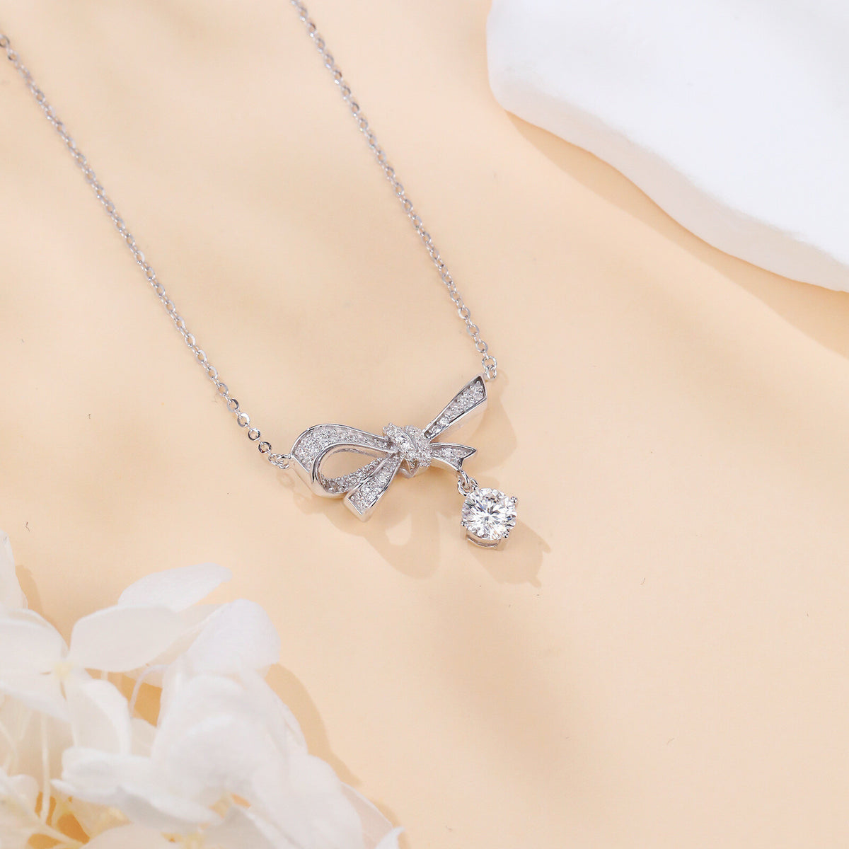 925 Sterling Silver Elegant Silver Bow Necklace With Dangling Moissanite Pendant Sparkling Charm - RICALOUX