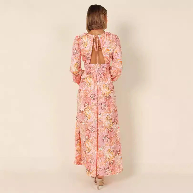 Printed Backless Deep-V Sexy Best-selling Long-sleeve Dress – Premium 0 | RICALOUX
