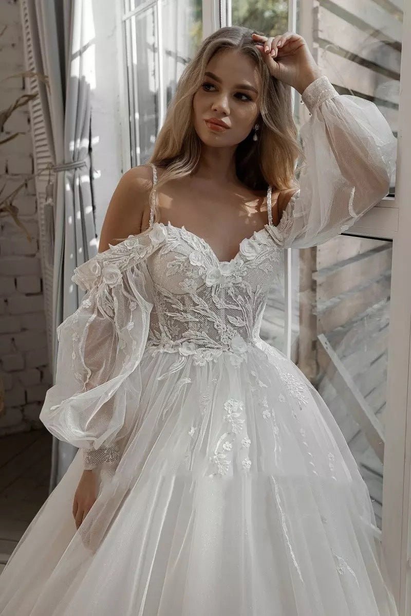 Boho Bride Gown Puff Sleeve Off Shoulder Wedding Dresses - RICALOUX