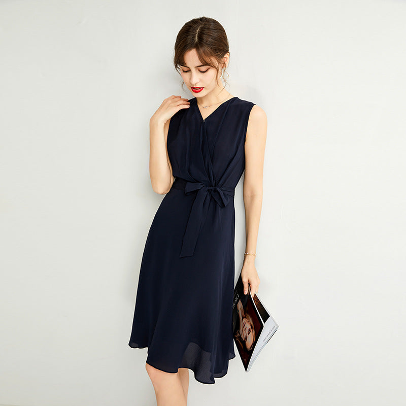 French-style V-neck Sleeveless Silk Waist-cinching Dress by Ricaloux