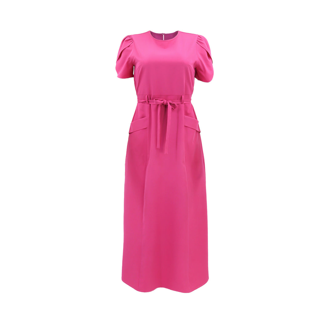 Womens Solid-Color Loose-Fit Short-Sleeve Dress With Belt by Ricaloux