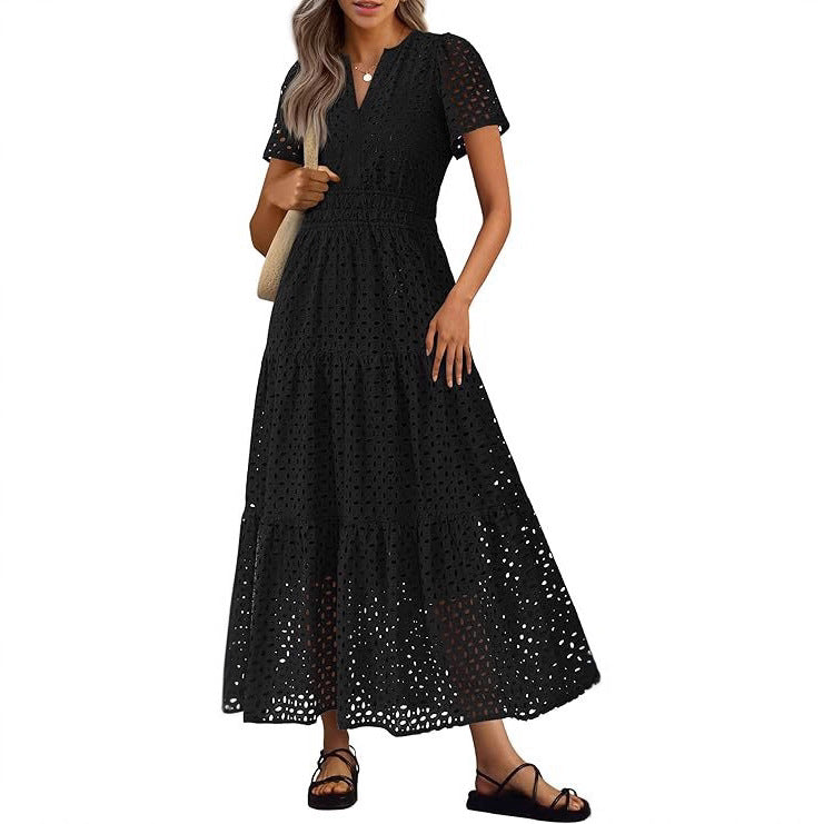 Womens Short-Sleeve V-Neck Hollow-Out Dress by Ricaloux