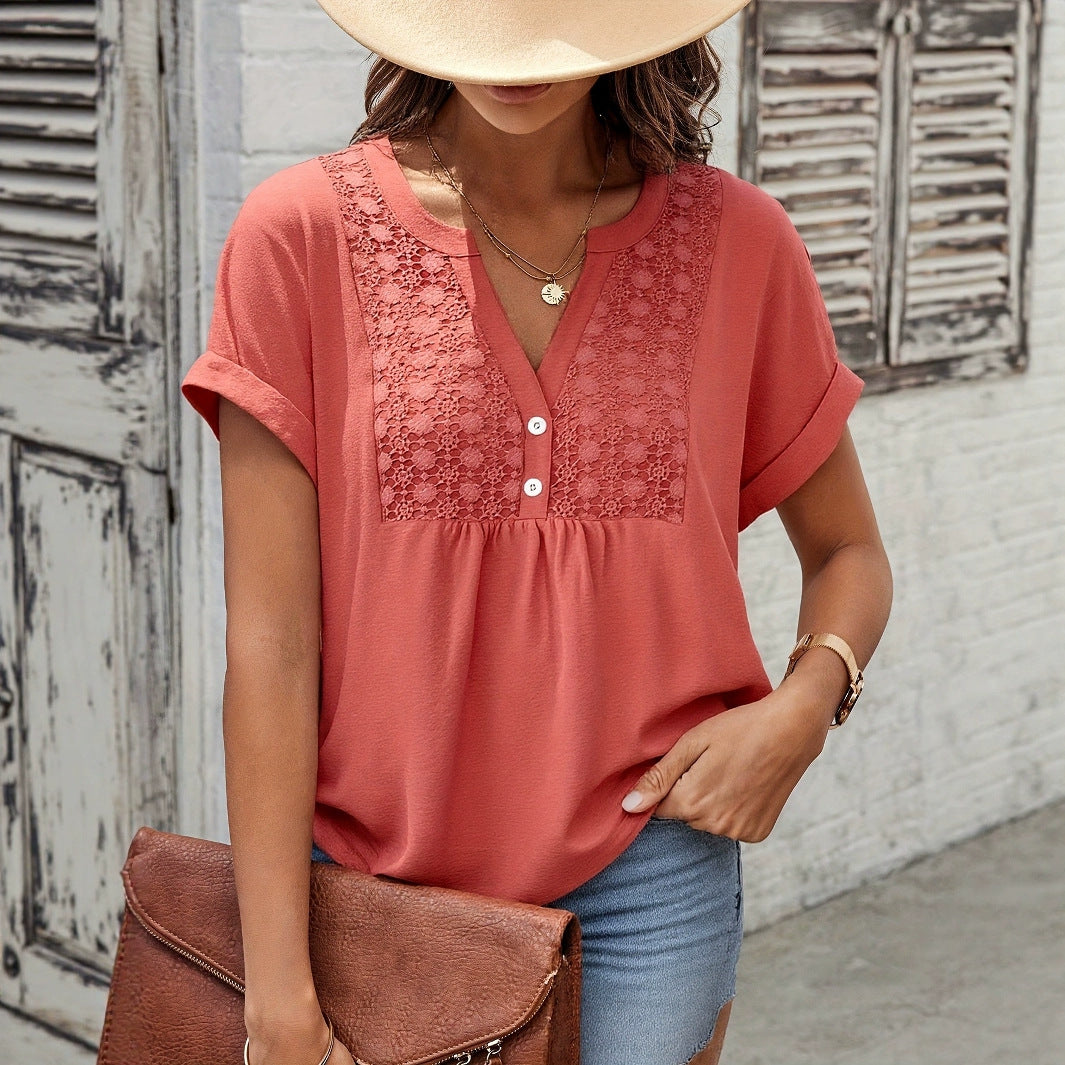 Womens Solid-Color Lace V-Neck Short-Sleeve Top With Buttons by Ricaloux