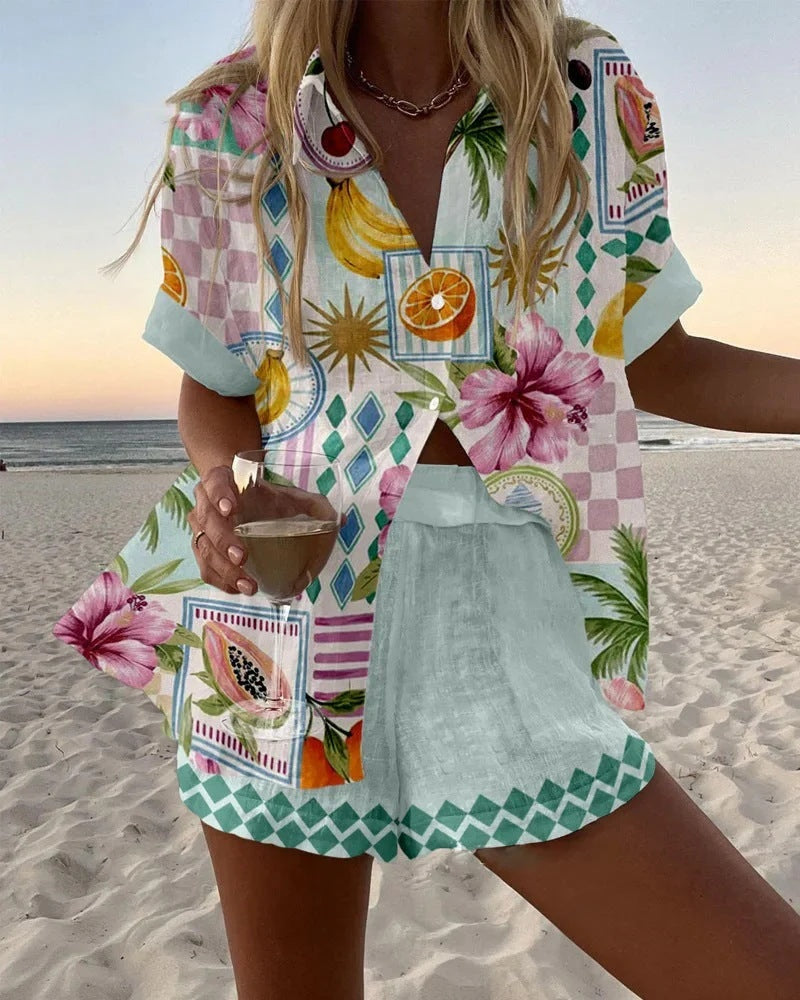 Women's Fashion Printed Casual Vacation Style Cardigan Shorts Suit by Ricaloux