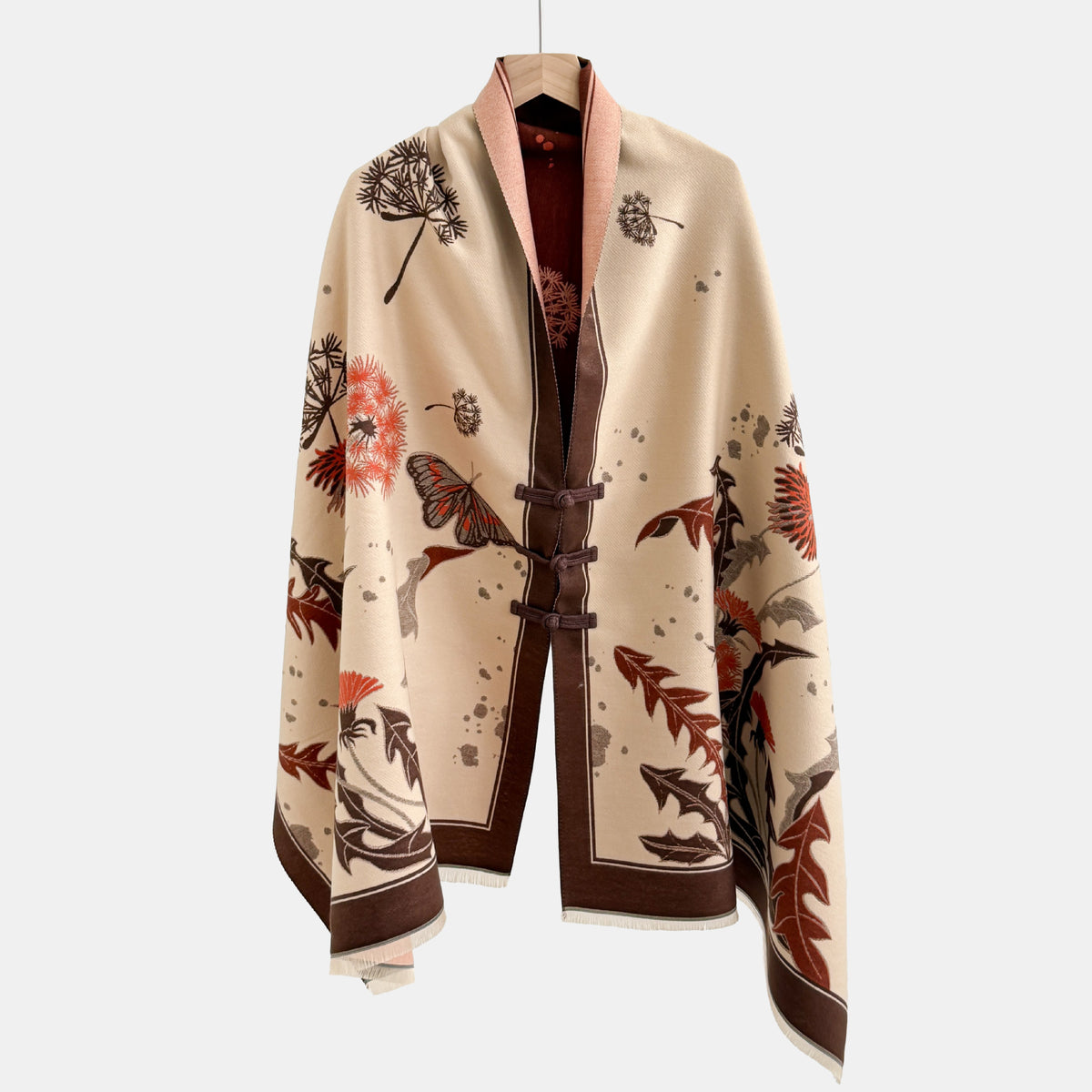Vintage Knot-button Outerwear Jacquard Shawl by Ricaloux
